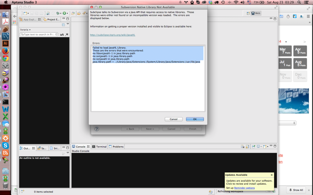 Eclipse / Aptana e subversion: Failed to Load JavaHL Library - erro no Mac OS X Yosemite